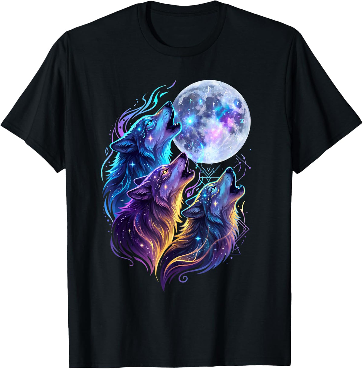 Mystic Three Wolves Howling at Rune Moon T-Shirt