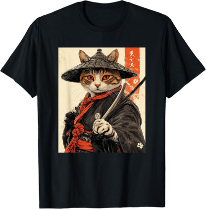 Samurai Cat T-Shirt - Japanese Art Style Warrior Graphic Tee T-Shirt