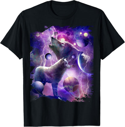 Cosmic Wolf Howling at Moon in Space T-Shirt