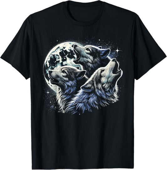 3 Wolfs Howling At The Moon Wildlife Wolf Lover Mystical T-Shirt