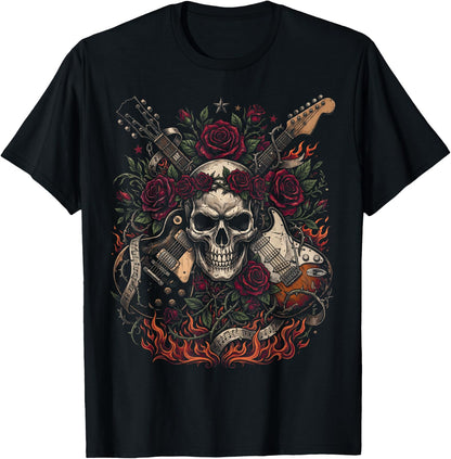 Rock N Roll Skull with Rose Electric Guitar Flame Graphic T-Shirt