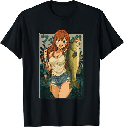 Kawaii Anime Girl Japanese Fisherman Girl Fishing Bass T-Shirt