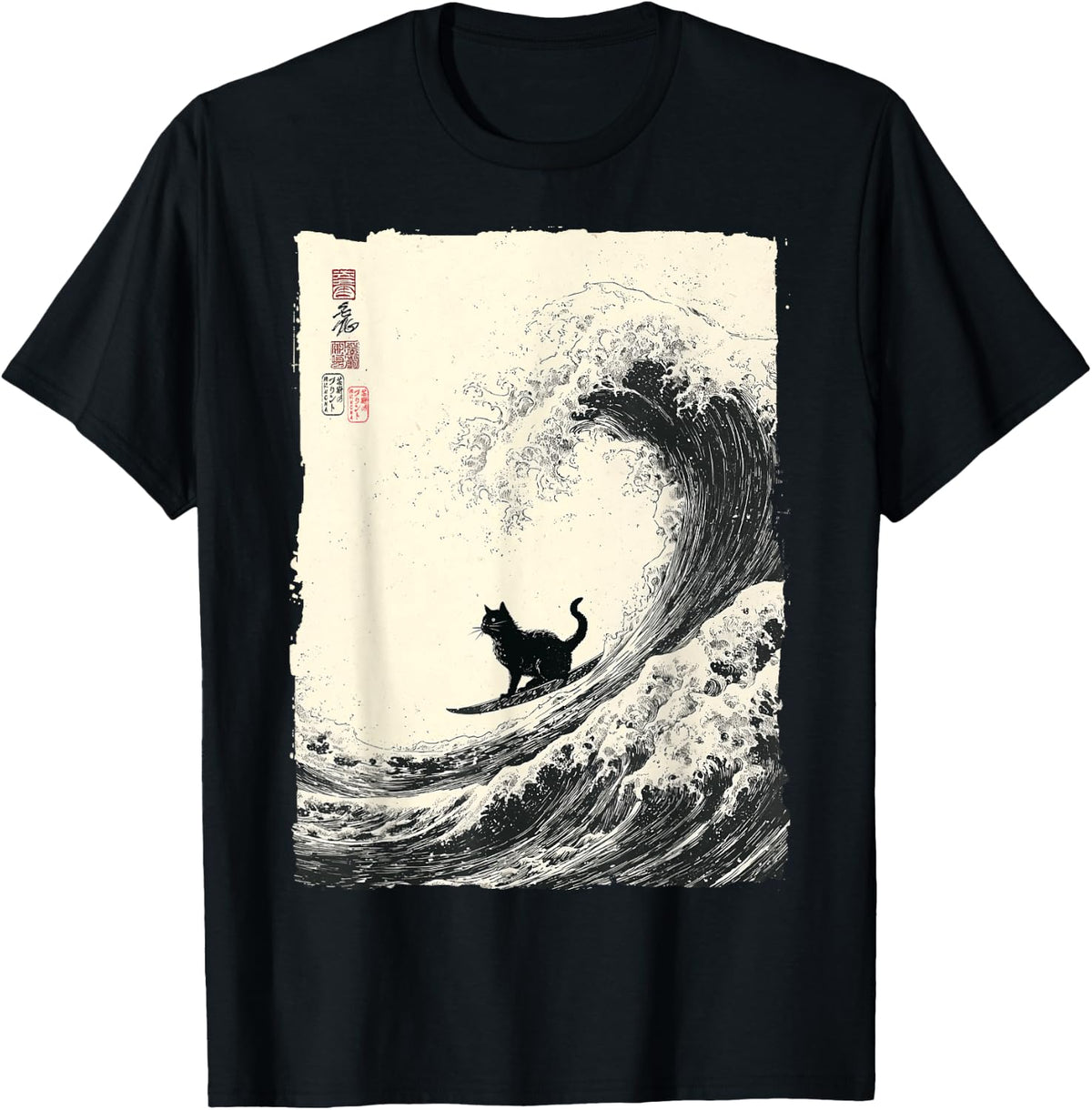 Funny Cat Surfing The Great Wave Japanese Ukiyo-e Art T-Shirt