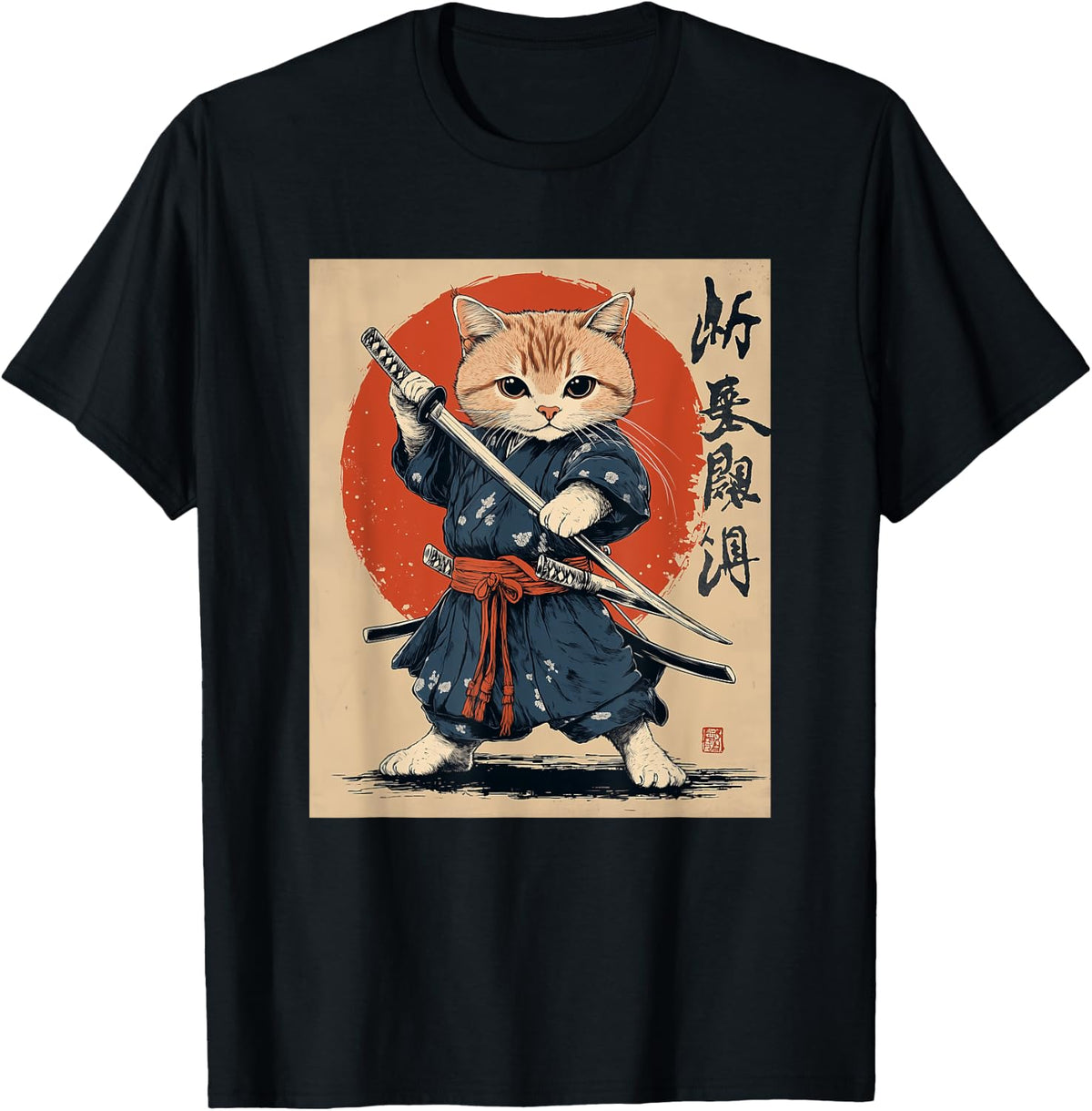 Samurai Cat T-Shirt - Japanese Art Style Warrior Graphic Tee T-Shirt