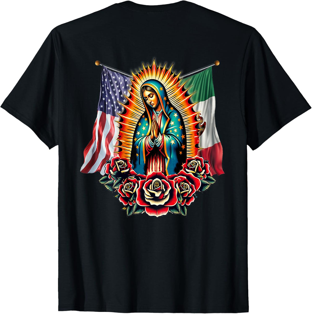 Virgen De Guadalupe Virgin Mary Mexican American Flag T-Shirt